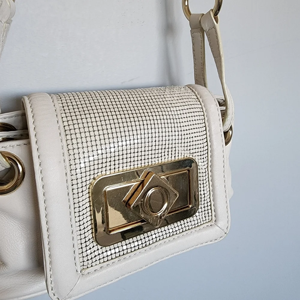 Oroton Cream Small Bag Long Strap Gold Leather Glomesh Couch Crossbody - Picture 4 of 10